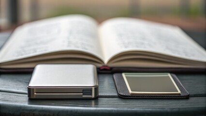 An open book rests on a table alongside a portable charger and a digital device, suggesting a blend of technology and reading.