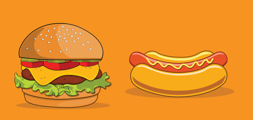 Cheeseburger and Hot Dog Cartoon Illustration Isolated on Transparent Background