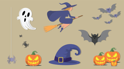 Halloween Cartoon Elements Set – Witch, Ghost, Pumpkins, Bats, Spiders on Beige Background