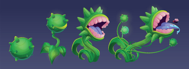 Scary cartoon plant monster growth stages - round green creature with gaping maw evolving into thorny tentacled beast. Creepy flora transforming from cute sprout to sinister predatory horror.