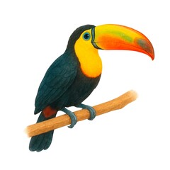 Freeehand minimalistic watercolor illustration of a toucan sitting on a branch, isolated on white background. Hand drawn watercolour toucanet. Toucanine painting for design.