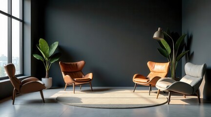 Modern interior design featuring three stylish armchairs arranged around a circular rug, illuminated by natural light streaming through a large window, creating a calm and sophisticated ambiance