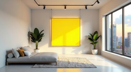 Modern Minimalist Living Space Featuring a Vibrant Yellow Artwork and Luxurious Daybed