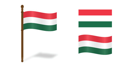 Hungary National Flag – Waving and Flat Vector Illustrations Isolated on White Background