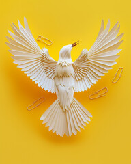 Creative paper art showcasing a bird in flight surrounded by paper clips against a vibrant yellow backdrop. Generative AI