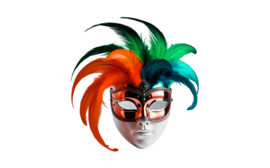 A highly detailed, intricately designed festival mask with a vibrant, curved feather plume in shades of emerald green, sapphire blue, and sunshine yellow, paired with metallic accents in polished gold