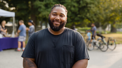 A man with obesity volunteering at a community event, staying active