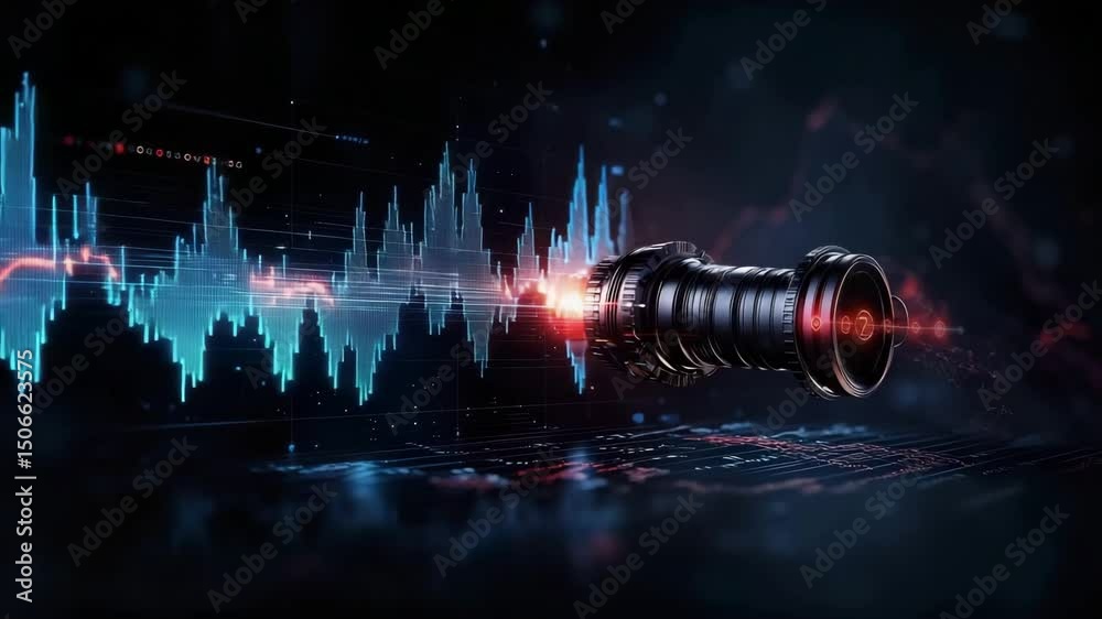 Aufkleber A futuristic camera lens analyzes dynamic digital sound waves and data visualizations in a high-tech environment.