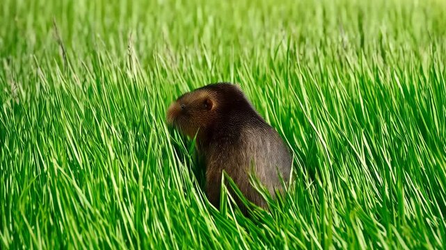 Close-up view of a brown field vole standing in vibrant green grass, facing right during daylight in a natural outdoor environment.