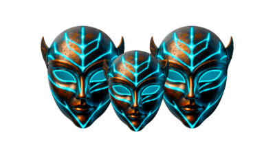 A mystical fantasy mask with an intricate network of glowing runes in a mesmerizing shade of electric blue, set against a dark metallic texture that resembles aged bronze, isolated on a pristine white