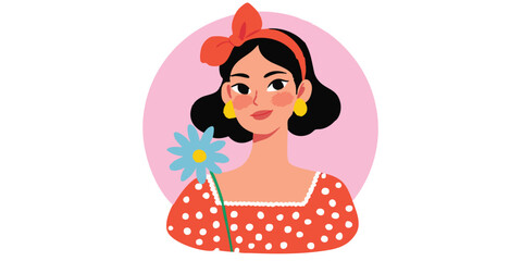 A charming illustration of a stylish woman holding a daisy, exuding elegance and sweetness. A colorful picture, perfect for designs and art.