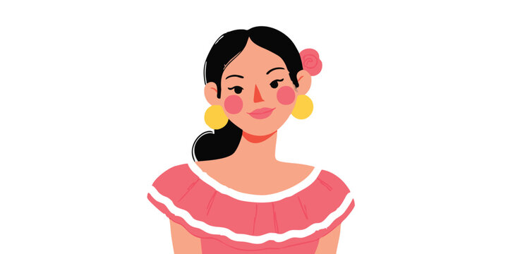 A vibrant illustration portrays a smiling young woman. She has long, dark hair adorned with a flower, large yellow earrings, and wears a pink dress with ruffle details.