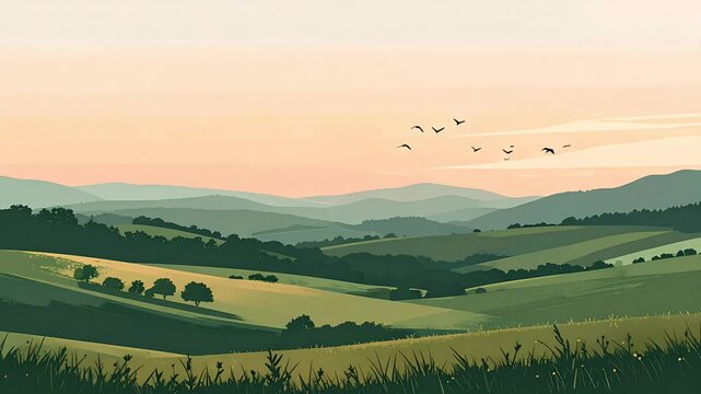 Verdant rolling hills under a salmon sky