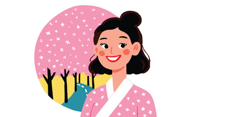 A smiling woman in traditional attire, surrounded by cherry blossoms, embodies the beauty of spring. capturing a moment of joy and cultural richness.