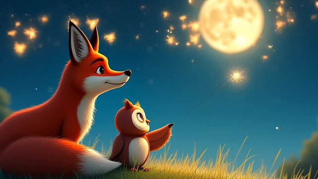 Illustration of Fox and Owl Under Moonlight with Glowing Fireflies seamless motion video