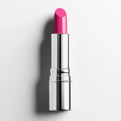 Hot Pink Lipstick with Chrome Case on White Background &ndash; Beauty Product Mockup

