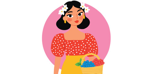 A charming depiction of a young woman, adorned with a floral crown, gracefully holding a basket overflowing with ripe berries. Set against a soft background.