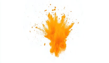 Fototapeta premium An orange powder explosion against a stark white backdrop, exhibiting a dynamic, textured burst with scattered particles