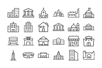 Line Style Building Icon Set . Vector Collection of Architecture Icons Including Houses, Skyscrapers, Churches, Factories, Shops, Schools, Government, Religious, and Historic Buildings