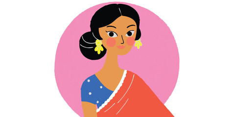 Fototapeta premium Illustration of a stylish woman with dark hair tied in a bun, wearing a saree and dangling earrings against a soft pink circle.