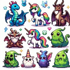 Pixel Art Fantasy Creatures Set – 8-bit Magical Animals on White Background