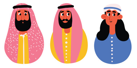Illustrative representation of traditional attire. The image displays figures with facial hair, and the artwork showcases cultural diversity through clothing and colors.
