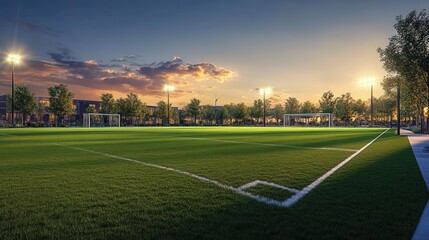 Empty Football Field at Sunset with Stadium Lights On and Scenic Sky