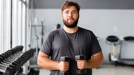 A man with obesity standing at the gym, holding dumbbells, ready to start his workout routine