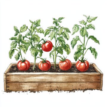 red tomatoes growing in wooden planter clip art preview