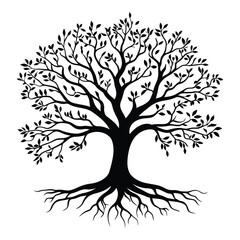 A tree of life with roots and branches is a black-and-white silhouette vector designed for T-shirts, mugs, posters, and digital prints. Fully scalable and market-ready