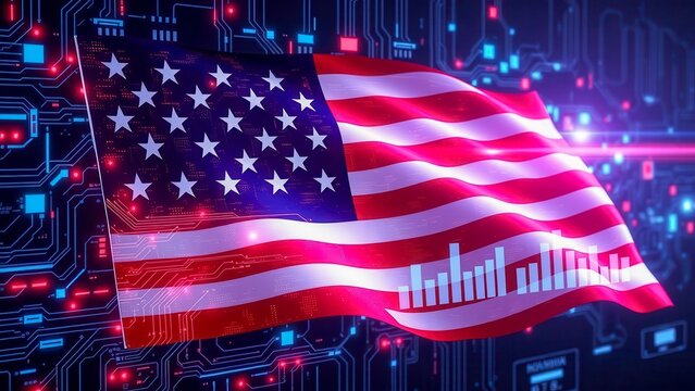 Abstract image of flag and digital circuits. Elements of artificial intelligence and cyberspace create a technological atmosphere. The theme is data security and elections.