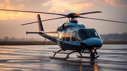 On the wet asphalt of the airfield stands a helicopter, ready for an urgent medical mission. Early morning and reflections create a dramatic atmosphere.