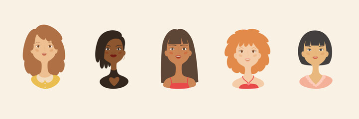 Diverse women portraits vector set, hand-drawn female faces of different ethnicities, inclusive beauty illustrations