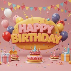 Joyful 3D Happy Birthday Celebration with Cake and Balloons Festive Design