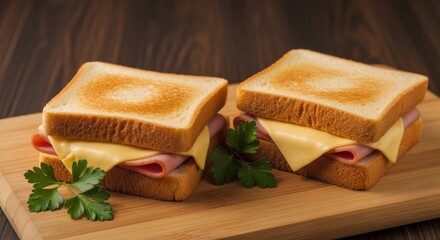 Two grilled cheese and ham sandwiches on wooden board a delicious meal
