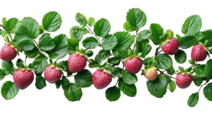 Wild strawberry with leaves isolated on white background, featuring small ripe red berry, green serrated foliage, and natural texture, perfect for botanical designs, organic food themes, and nature co