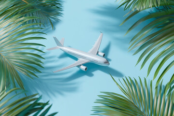 Miniature 3D airplane on a blue background with palm leaves. Concept: travel, summer vacation.