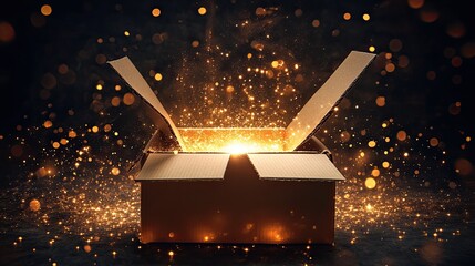 The enchantment of opening a gift box revealing magical golden sparks in a celebration of surprise and delight with