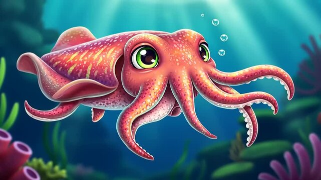 Colorful cartoon squid swimming in a vibrant underwater scene with bubbles and coral