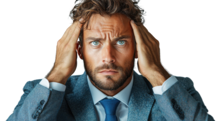Stressed businessman with hands on head isolated on white background, expressing frustration, pressure, and anxiety, perfect for corporate stress, burnout, deadline tension, and workplace challenges c