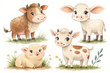 Adorable Watercolor Farm Animals Calf Piglet and Cow Illustrations Perfect for Kids Books and
