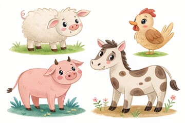 Naklejka premium Adorable Farm Animals Illustration Cute Pig Sheep Donkey and Chicken