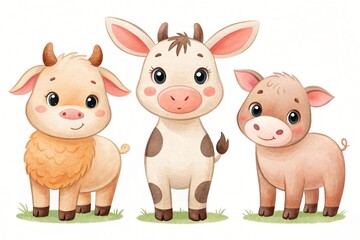 Adorable Watercolor Farm Animals Calf Piglet and Lamb Illustration