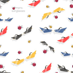 Sunglasses. Ladybug. Vector background. Design for summer feminine textile. Seamless pattern.
