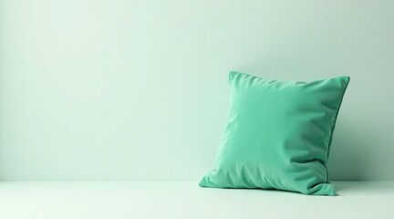 A single, soft, seafoam green cushion rests gently on a pale, minimalist surface against a subtly textured wall.