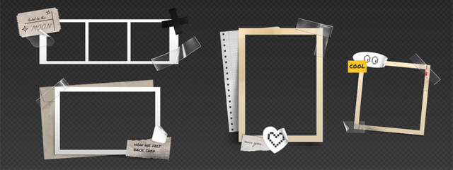 Fototapeta na wymiar Set of retro photo frames and scrapbook layout in y2k or 90s style. Nostalgic collage of old blank instant film borders, ripped paper notes and stickers on transparent bg. Vintage picture mockup.