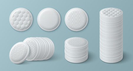 Set of realistic cotton pads with various textures - round discs stacked or single. 3d soft sponge with embossed surface. Essential cosmetic accessories for makeup removal, skincare routine mockup.