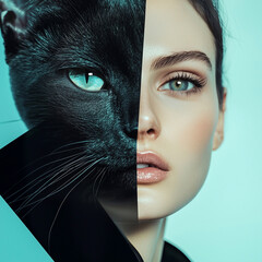 AI-generated surreal portrait of a woman and black cat merging faces, representing mystery, inner strength, and modern femininity.