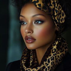 AI-generated digital portrait of a beautiful woman with glossy makeup and leopard pattern, symbolizing empowerment, elegance, and wild beauty.