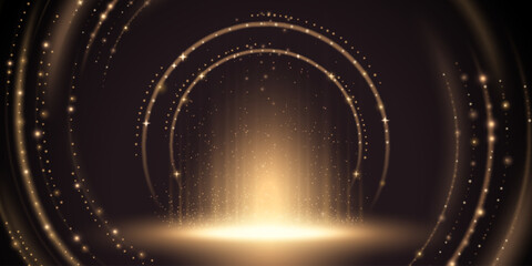 Golden award ceremony stage - podium with glitter lines and sparkling particles flying around. Shiny paths and round frame. 3d luxury event, magic entertainment show background.